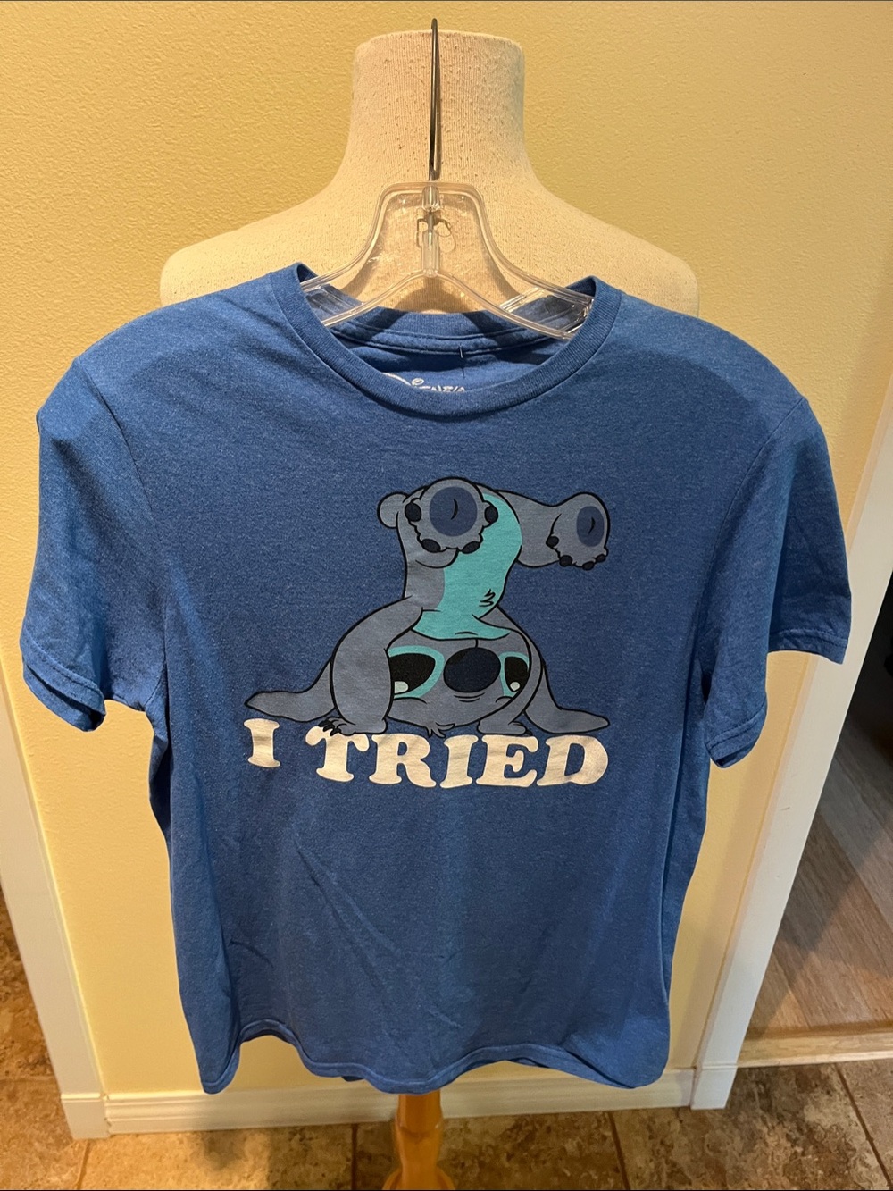 Disney Stitch Character I Tried Logo Blue Cotton/Poly Fun Casual Tee Blue S